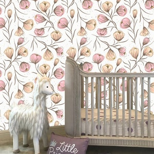Light Pink Floral Wallpaper Removable Wallpaper Peel & Stick Nursery Decor Self- Adhesive Hand painted floral wallpaper