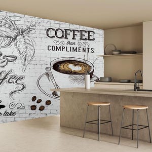 Coffee theme wallpaper Cafe Poster, Cafe house Mural, Coffe Shop Mural, Restaurant Style Drink wall art Kitchen Peel and Stick Wallpaper