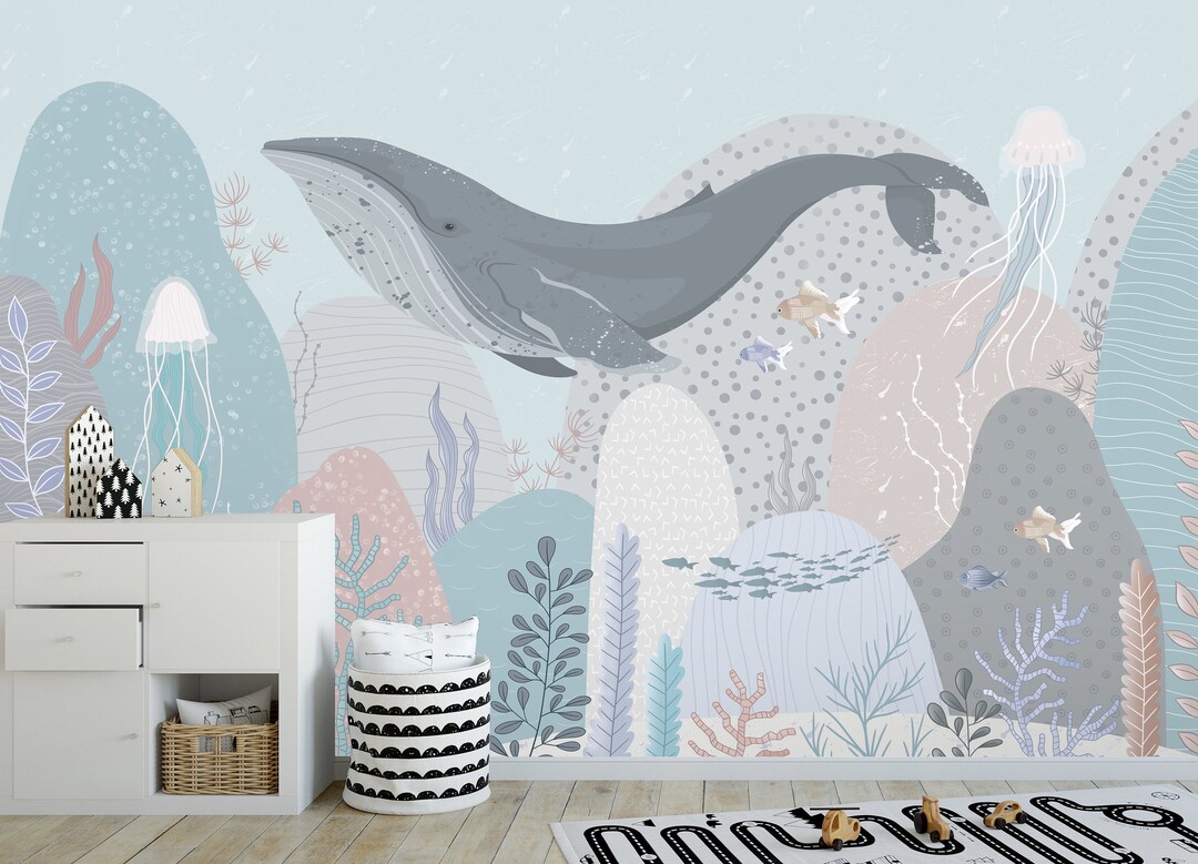 Blue Whale Removable Fabric Wallpaper Ocean Motif Nursery Wall Mural ...