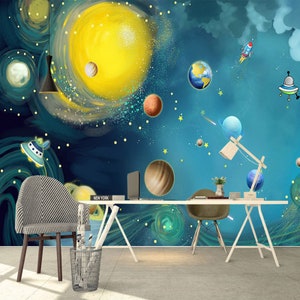 Handbemalte Cartoon Universum Sternenhimmel Tapete Raum Kinder Schlafzimmer Wand Wandbild Peel und Stick Kinderzimmer Wandpapier abnehmbare Spielzimmer Plakat