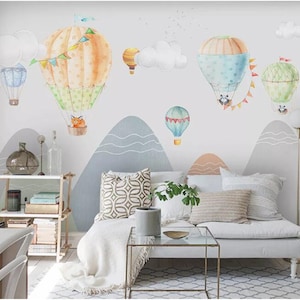Hand painted watercolor hot air balloon mountain Removable wall fabric wallpaper Peel and Stick wall Self- Adhesive Wallpaper mural