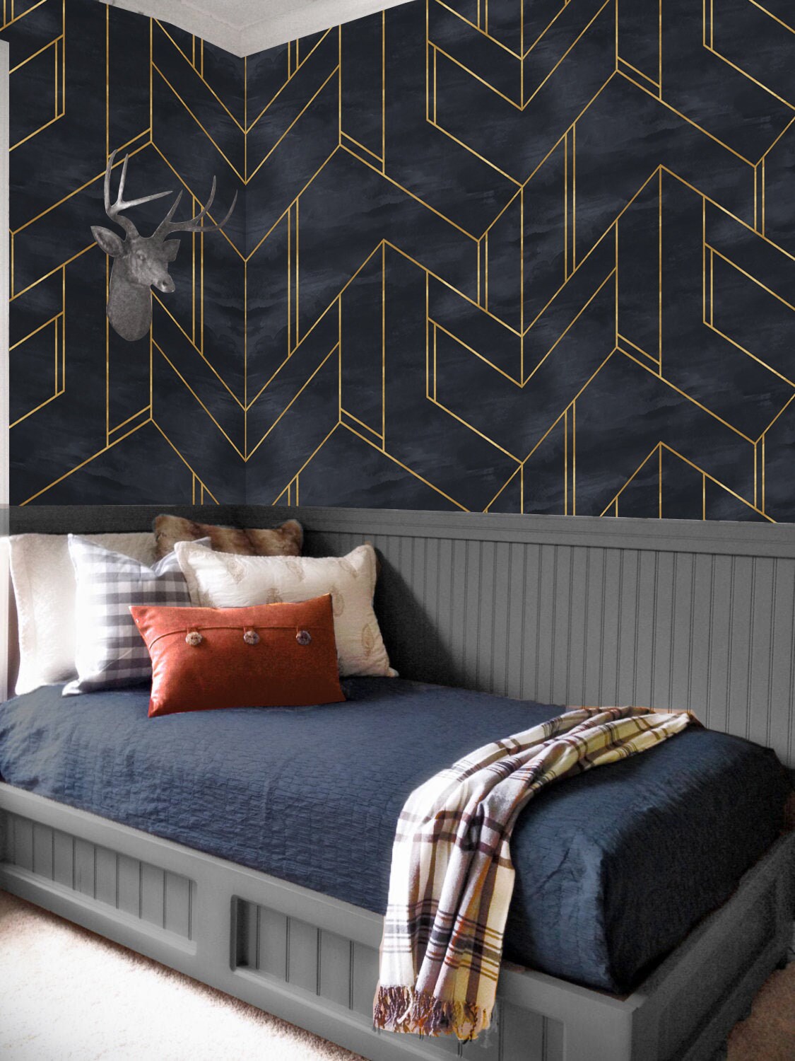 Removable Wallpaper Gold and Navy Blue Geometric, Peel & Stick Nursery ...