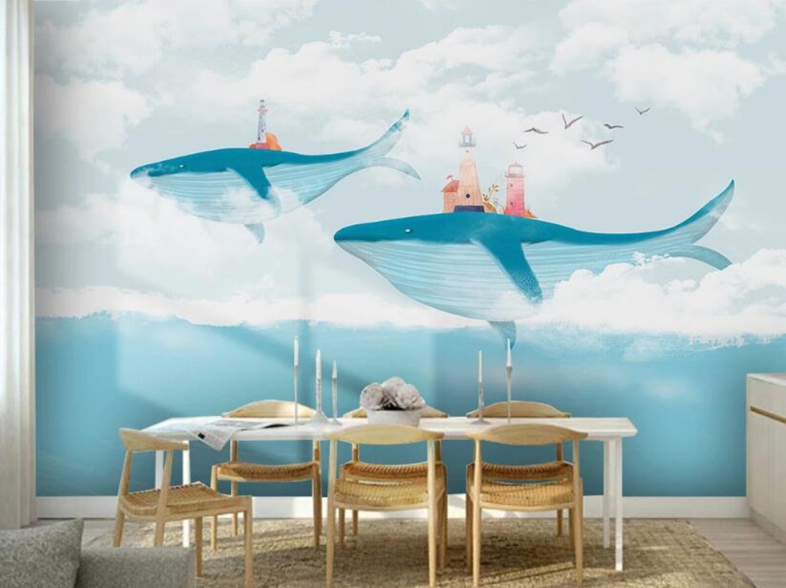 Hand Painted Watercolor Whale Removable Wall Fabric Wallpaper | Etsy