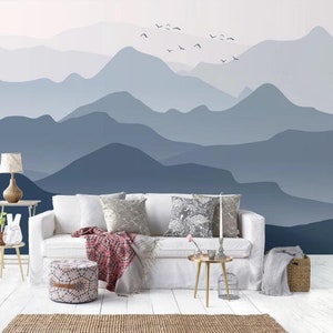 Papel tapiz de tela removible con diseño de pájaros y paisaje de montaña degradado, papel tapiz autoadhesivo de pared despegable y pegable, mural de pared de montañas grisáceas