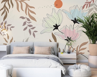 Abstract Floral Wallpaper Peel and Stick, Modern Line Art Flower Wall Mural, Boho Neutral Wallpaper for Bedroom, Minimalist Botanical Decor