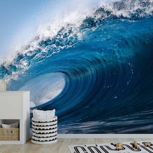 Heavy wave breaking on a beach in Spain removable fabric Wallpaper，peel and stick Self Adhesive , Ocean Wave Wall Mural Decor