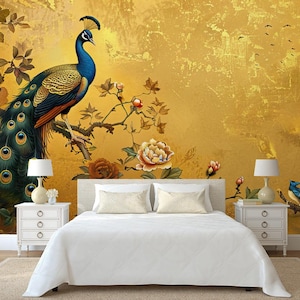 Abstract artistic background Vintage peacocks Removable Wallpaper, Wall Art, Peel and Stick , Wall Mural,   bedroom wallpaper