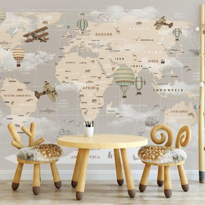Vintage Map Wall Art Airplane and Hot Air Balloon world map wallpaper kids bedroom mural Peel and Stick nursery wall paper removable fabric