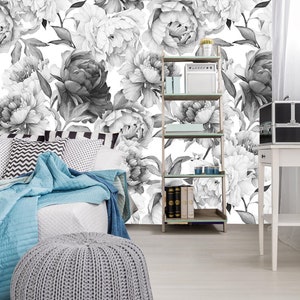 Papel pintado extraíble Peonía gigante en blanco y negro - Despegar y pegar - Mural de pared - Papel pintado autoadhesivo, Mural de pared de peonías, Papel pintado temporal