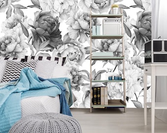 Removable Wallpaper Giant Black and White Peony-Peel and Stick -Wall Mural- Self Adhesive Wallpaper,Peonies wall mural,Temporary wallpaper