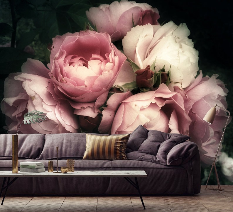 Pink Rose Removable Wallpaper Dark Floral Mural Peony Wall Etsy