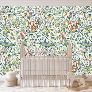 Removable Wallpaper hand drawn flowers Wallpaper Peel & Stick Nursery Decor Self- Adhesive Wallpaper floral plants Mural