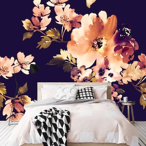 Removable Wallpaper Mural Peel & Stick Vintage Watercolor Dark Floral Wall Covering, Floral Wallpaper, Watercolor, Self adhesive, Wall Decal