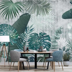 Hand drawn tropical plants leaves Removable wall fabric wallpaper Peel and Stick wall Self Adhesive Wallpaper Monstera Leaf Tropical mural image 1