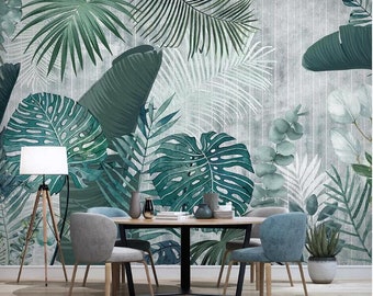Hand drawn tropical plants leaves Removable wall fabric wallpaper Peel and Stick wall Self- Adhesive Wallpaper Monstera Leaf Tropical mural
