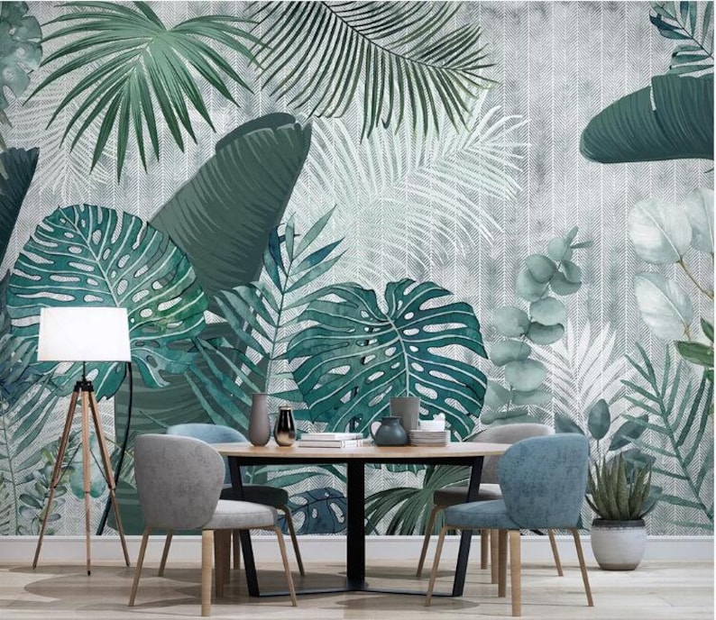 Hand drawn tropical plants leaves Removable wall fabric wallpaper Peel and Stick wall Self Adhesive Wallpaper Monstera Leaf Tropical mural image 1