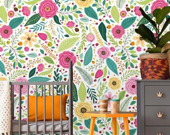 Hand-Painted Floral Wall Mural - Boho Bedroom Wallpaper  Peel and Stick Removable Self Adhesive Spring Flowers, Floral, Garden Wallpaper