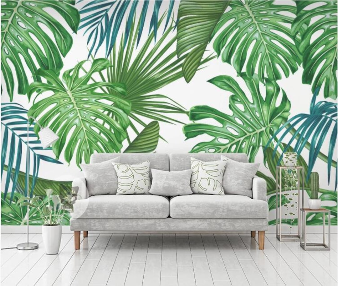 Green Tropical Plants Leaves Removable Wall Fabric Wallpaper Peel and ...