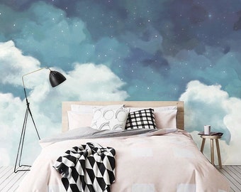 Papel tapiz de nubes de tela removible, fantástico mural de cielo estrellado para dormitorio, guardería, papel tapiz para niños, autoadhesivo.