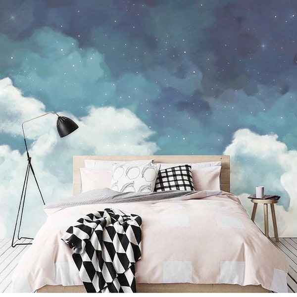 Removable fabric clouds Wallpaper fantastic starry sky mural  for bedroom nursery kids wall paper Peel & Stick , Self adhesive