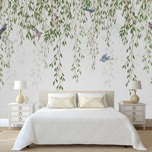 Willow branches removable fabric Wallpaper,peel and stick，Self Adhesive, Willow branches and birds Wall Mural Children&#39;s interior Wallpaper