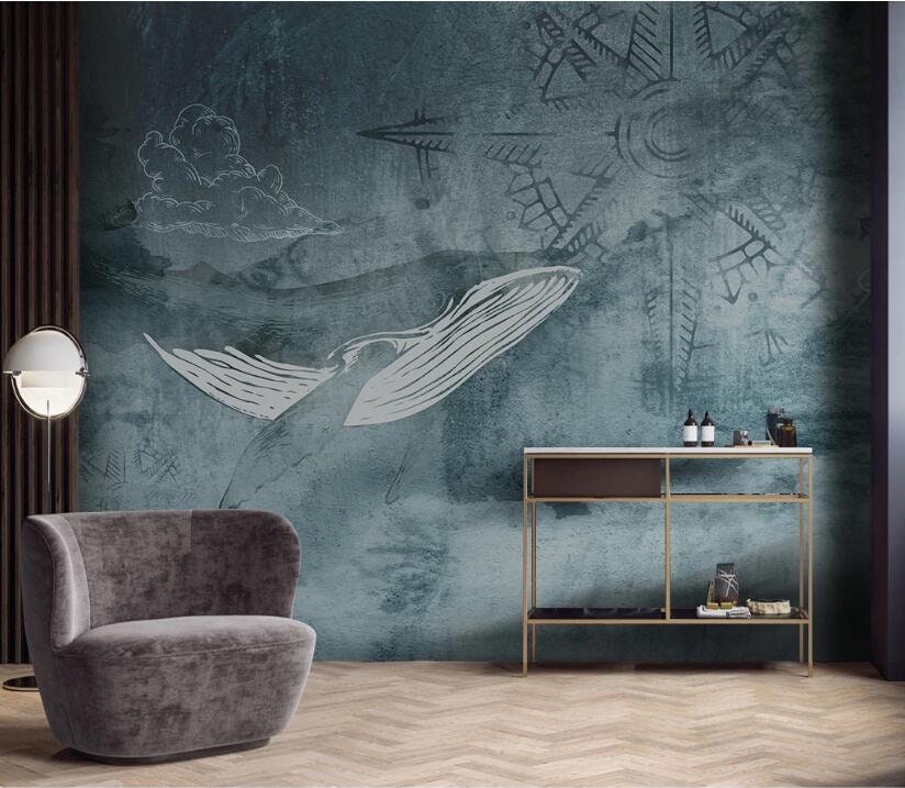 Abstract Whale Removable Wall Fabric Navy Mediterranean Peel - Etsy