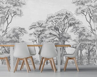 Black and White forest hand drawn illustration tree Wallpaper, Trees Wall Mural Forest Wall Mural, Peel and Stick Wallpaper, Self Adhesive