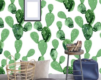 Removable Wallpaper Watercolor Cactus Wallpaper Peel & Stick Mural Nursery Decor Self- Adhesive Wallpaper watercolor Opuntia mural