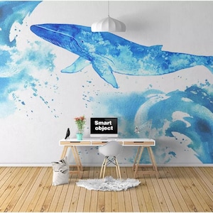 Watercolor dolphin with waves Removable wall fabric wallpaper Peel and Stick wall Self-Adhesive Children room mural