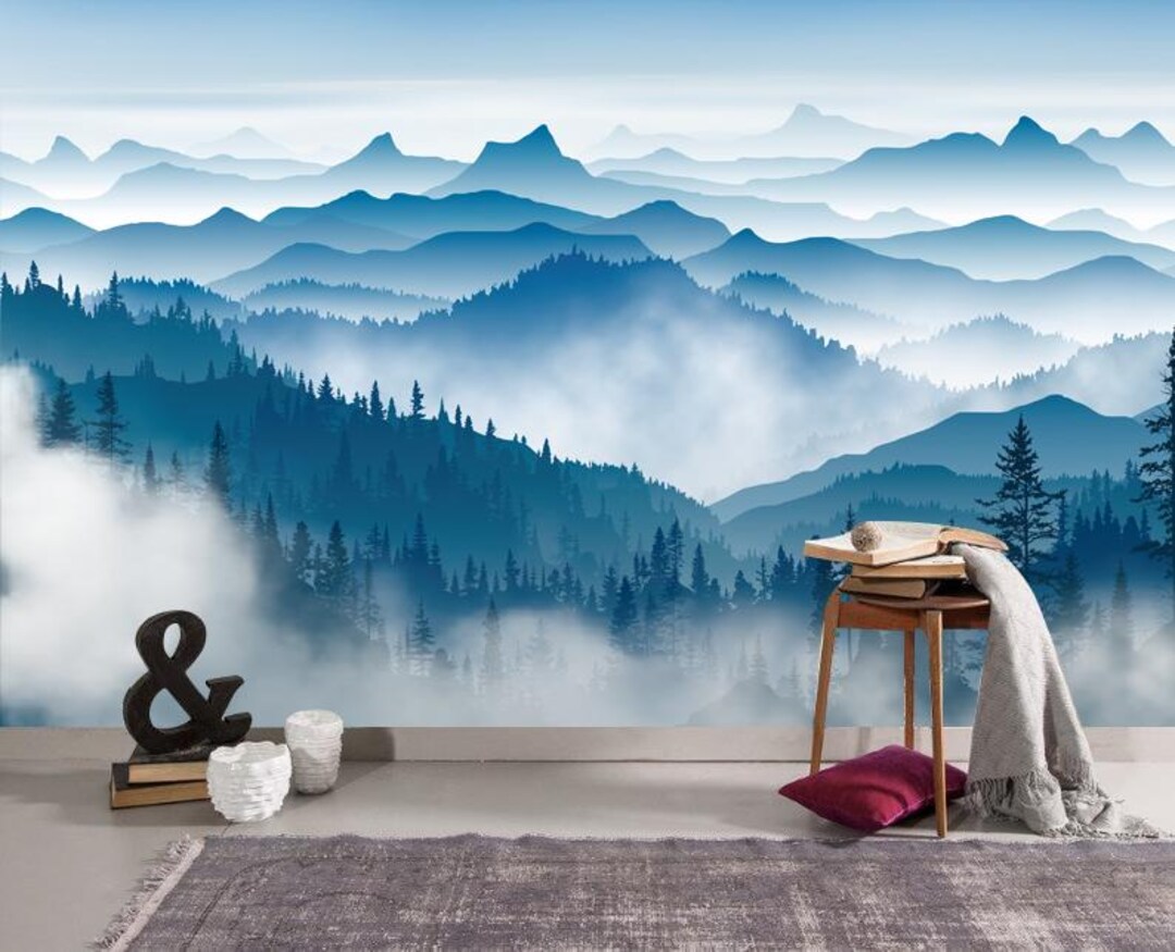 Misty Mountain Mural Wallpaper Forest in the Fog Wall Art Peel and ...
