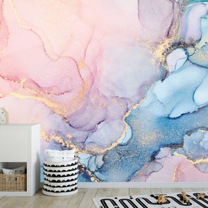 Tender and dreamy modern removable fabric Wallpaper,peel and stick，Self Adhesive ,  Abstract multicolored marble Wall Mural