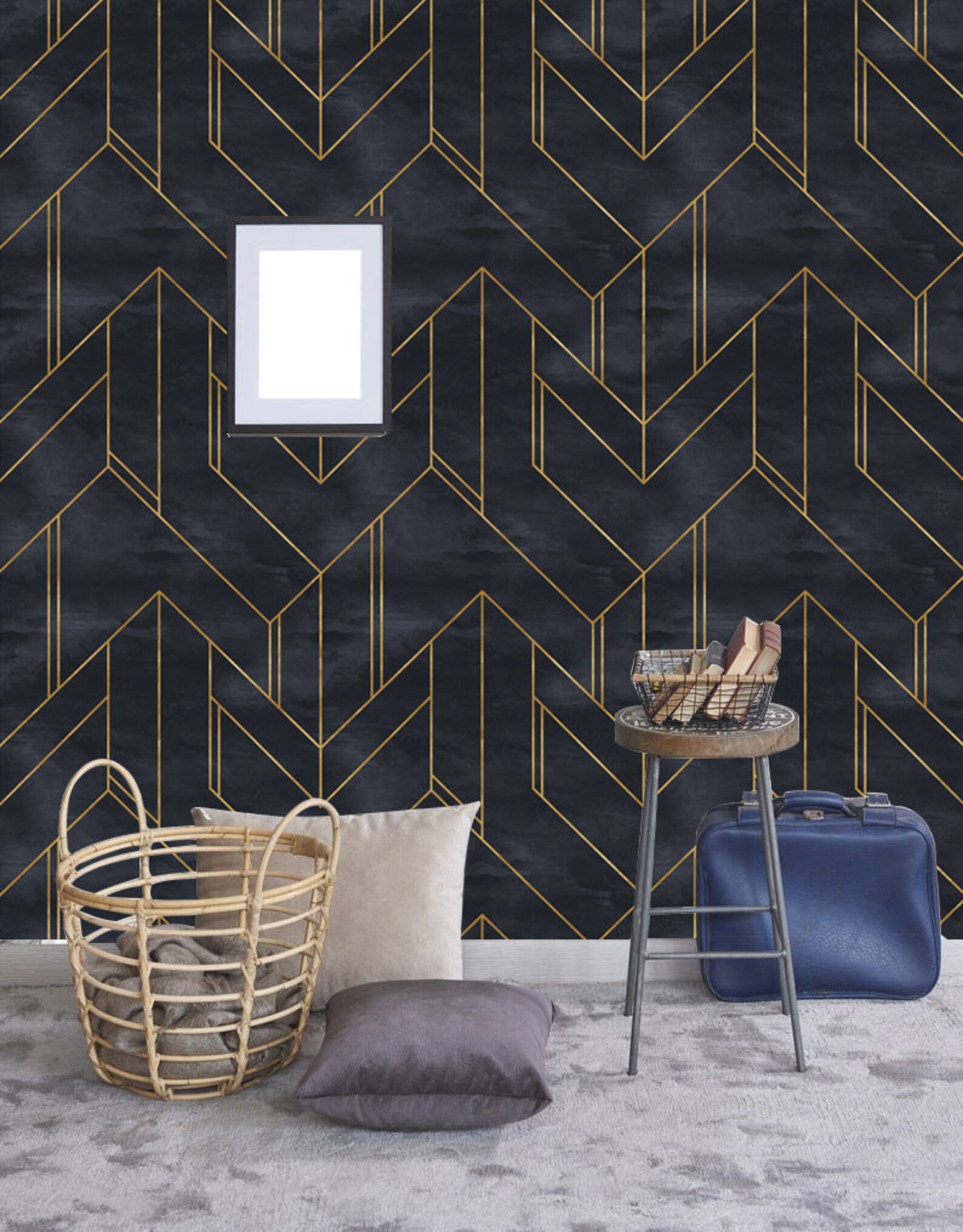 Removable Wallpaper Gold and Navy Blue Geometric, Peel & Stick Nursery ...