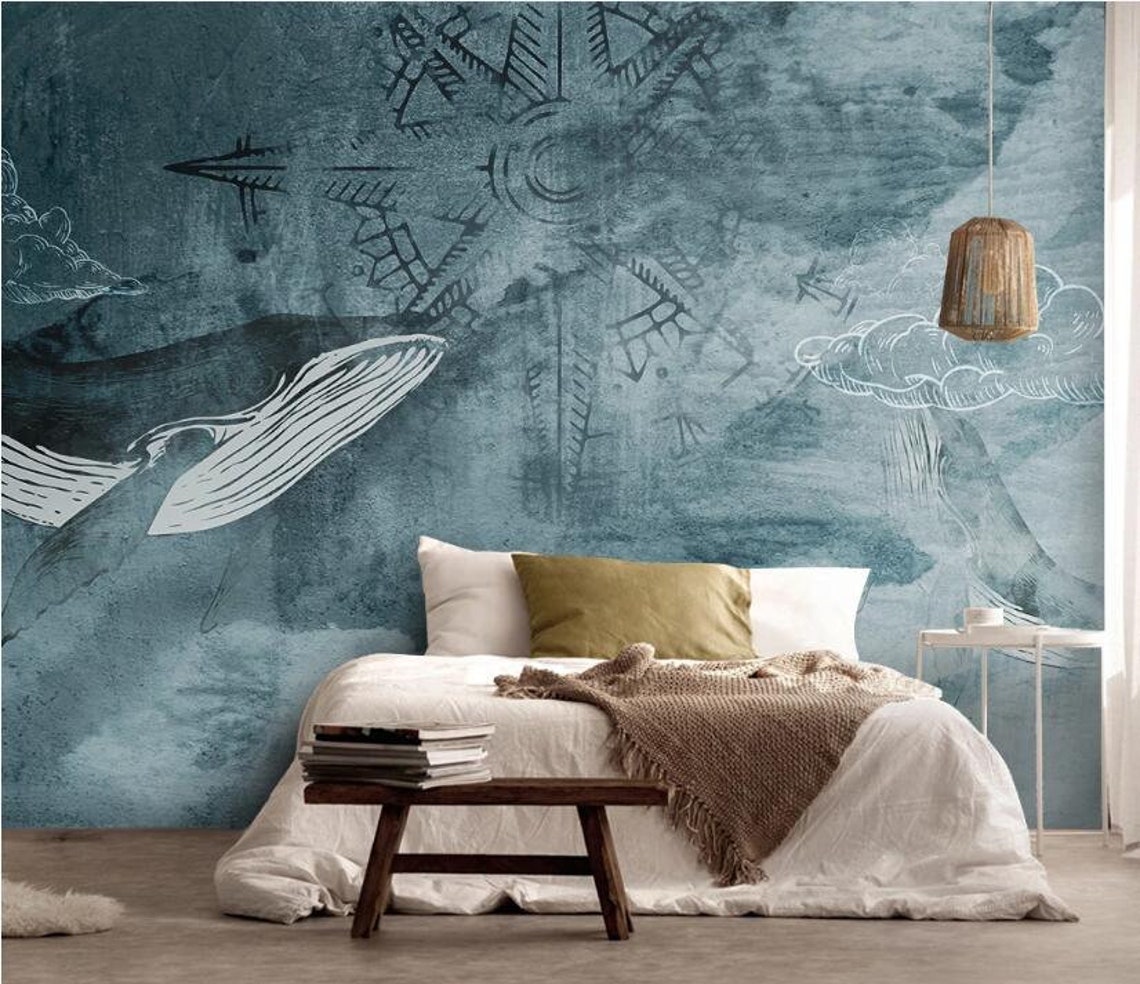 Abstract Whale Removable Wall Fabric Navy Mediterranean Peel - Etsy