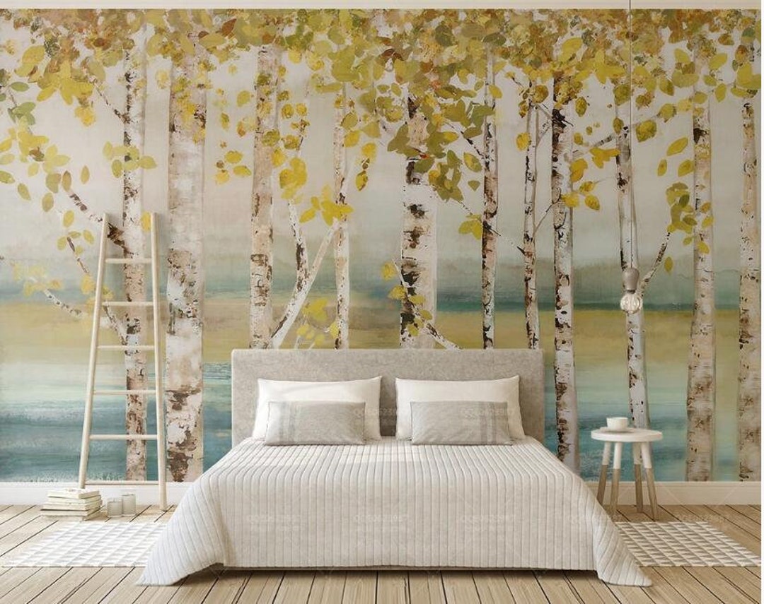 Hand Drawn Watercolor Birch Forest Removable Wall Fabric Wallpaper Peel ...