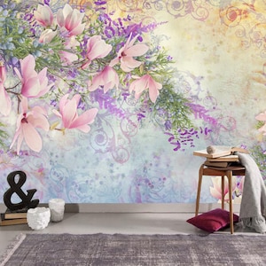 vintage pink flowers and juniper Removable wall fabric wallpaper Peel and Stick wall Self Adhesive Wallpaper Watercolor vintage flower mural
