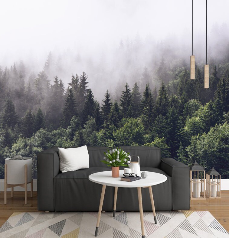 Misty Gray Mountain Removable Wall Fabric Wallpaper Peel and | Etsy