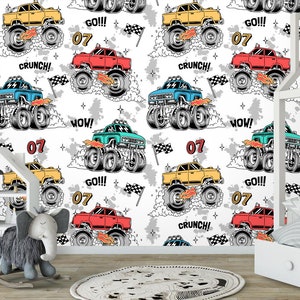 Monster Trucks Carta da parati rimovibile Peel & Stick Nursery Decor Carta da parati autoadesiva, carta da parati per bambini, murale per pareti
