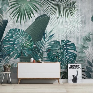 Hand drawn tropical plants leaves Removable wall fabric wallpaper Peel and Stick wall Self Adhesive Wallpaper Monstera Leaf Tropical mural image 2