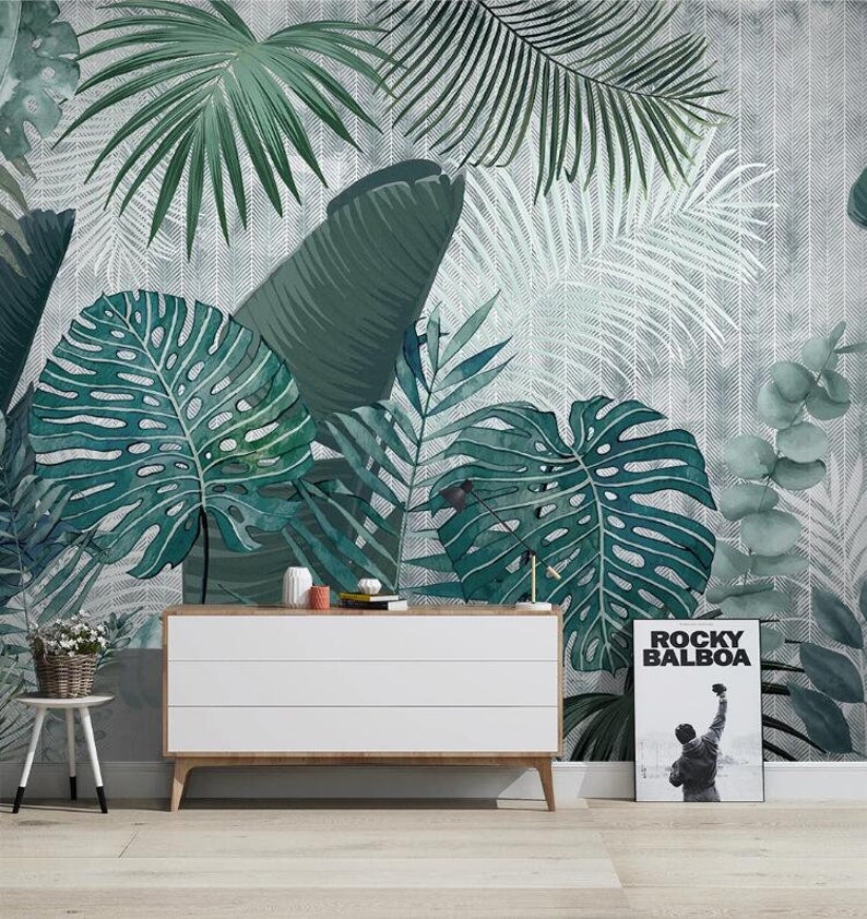 Hand drawn tropical plants leaves Removable wall fabric wallpaper Peel and Stick wall Self Adhesive Wallpaper Monstera Leaf Tropical mural image 2