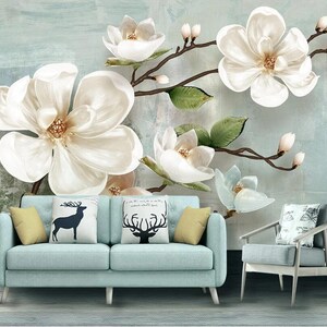 Nordic 3d relief Magnolia Removable Wallpaper art decor, Self adhesive, Wall Art Design 3d printed Mural
