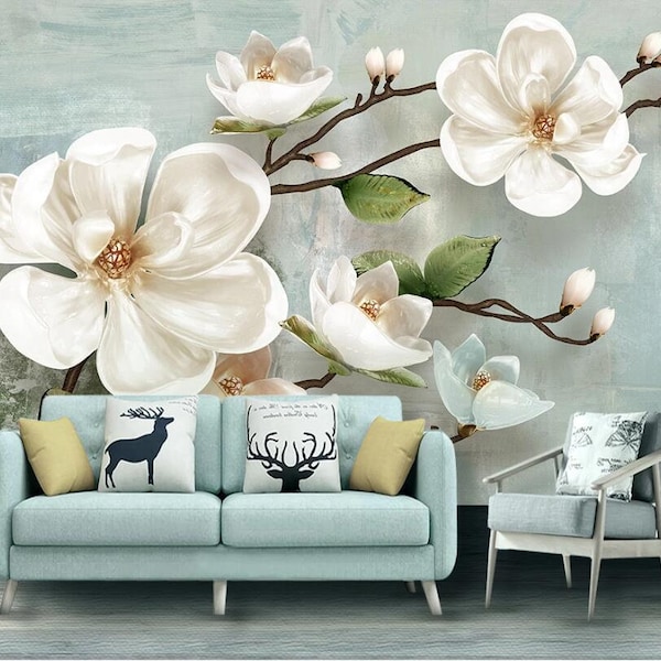 Nordic 3d relief Magnolia Removable Wallpaper art decor, Self adhesive, Wall Art Design 3d printed Mural