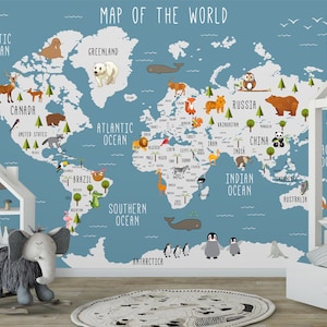 Kinder Karte entfernbare Tapete schälen und aufkleben selbstklebende Weltkarte Wandbild kleine Tiere Tapete Kinder Kinderzimmer Raumdeokr