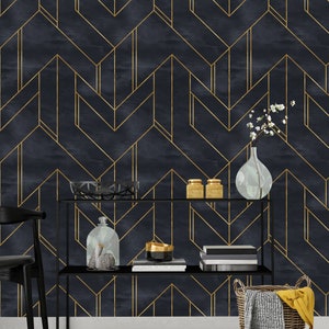 Removable Wallpaper Gold and Navy Blue Geometric, Peel & Stick Nursery Decor Self- Minimalistic Adhesive Wallpaper Art Deco background