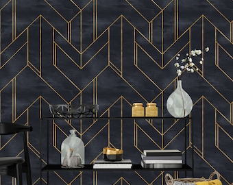 Papel pintado extraíble geométrico dorado y azul marino, papel pintado autoadhesivo minimalista para decoración de guardería, fondo Art Déco