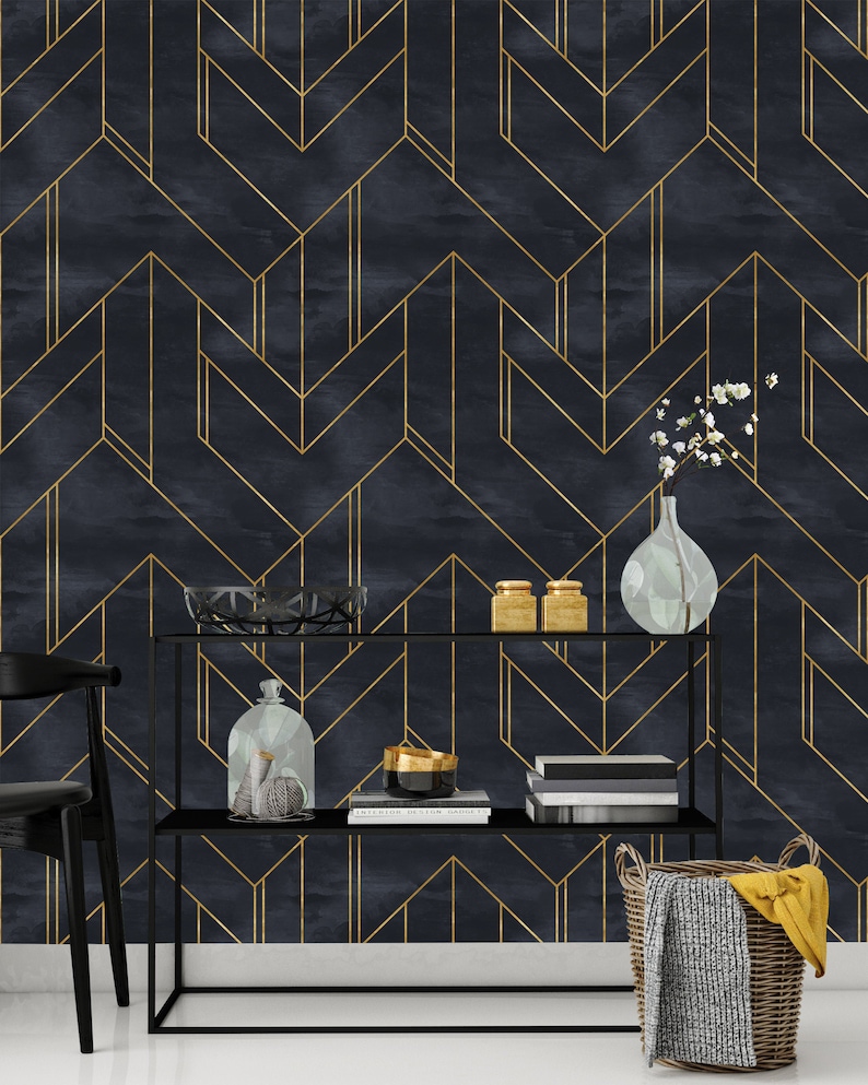 Removable Wallpaper Gold and Navy Blue Geometric Peel & Stick - Etsy
