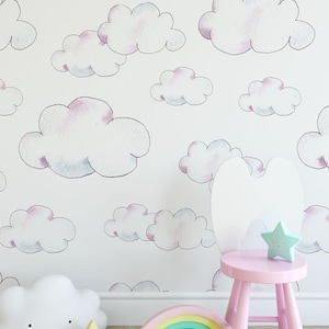 watercolor clouds Removable Wallpaper Peel & Stick Nursery Decor Self- Adhesive colorful cloud baby girls bedroom wallpaper