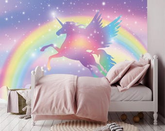 Rainbow Removable Wallpaper, Wall Art, Peel and Stick Wallpaper, Wall Mural, Nursery,  unicorn, Space, Stars and unicorn kids room wallpaper