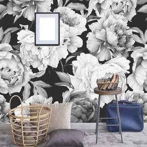 Removable Wallpaper Giant Peony on Black Background Peony-Peel and Stick -Self Adhesive Wallpaper,floral with peonies watercolor mural