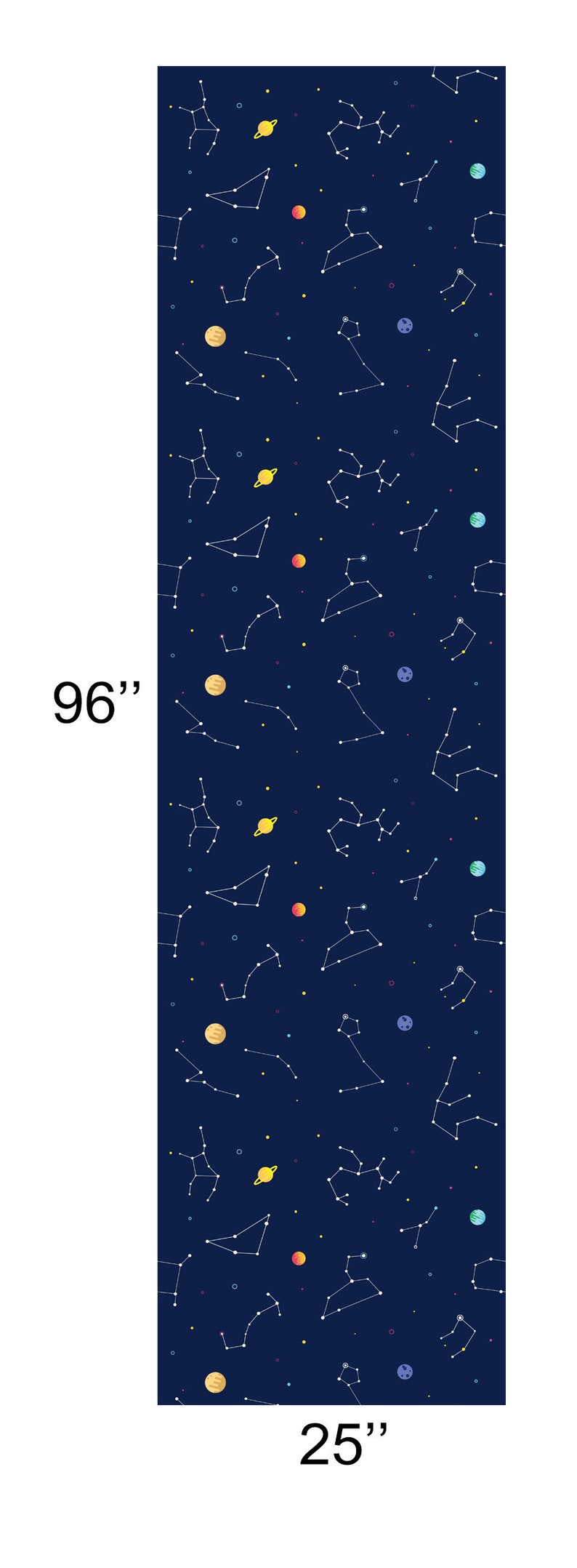 May include: Dark blue fabric featuring a repeating pattern of constellations, planets, and stars. The fabric measures 244 cm by 64 cm. The design includes yellow, orange, and blue planets, and white constellation lines.
