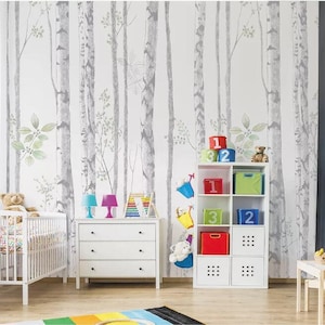 Hand drawn woods birch tree wallpaper removable wall mural gray birch decor decal nursery wall print peel and stick  kids bedroom mural